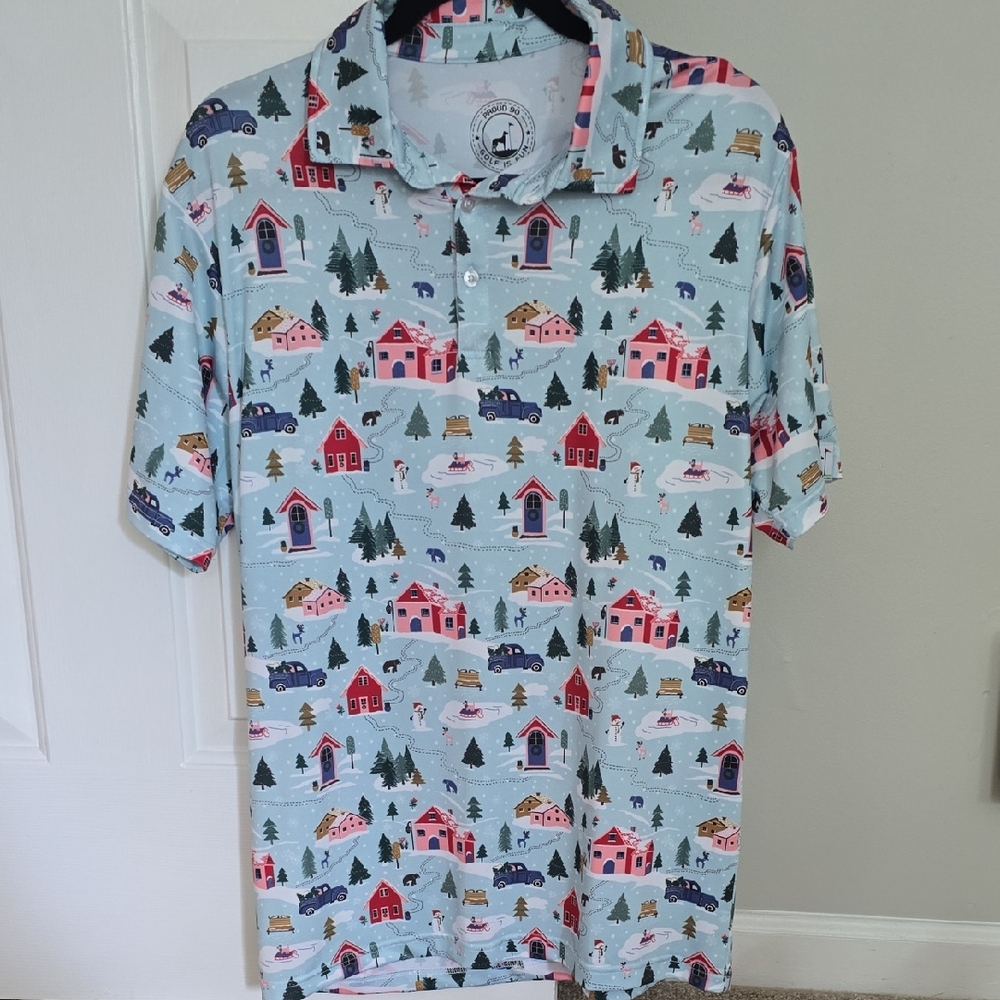 Blue Festive Polo Shirt with Whimsical Pattern